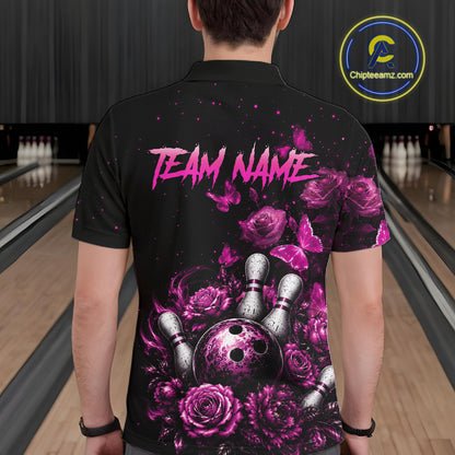 Men’s pink rose butterfly bowling polo shirt, back view on male model in bowling lane 