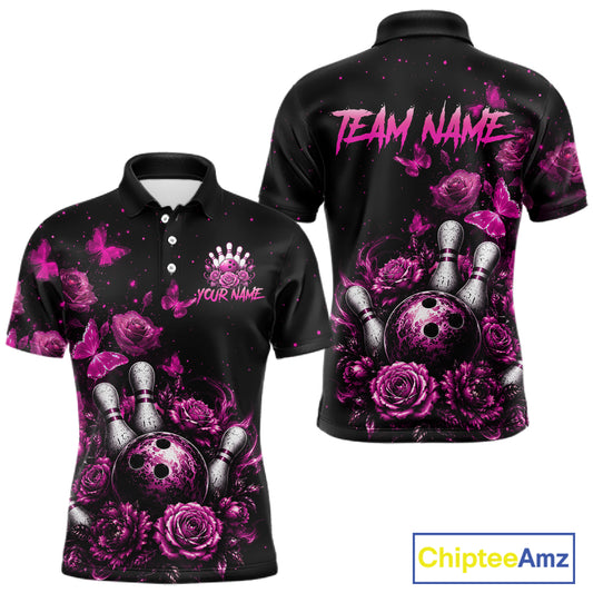 Custom pink rose butterfly bowling jersey for men, personalized team bowling polo shirt front view and back view