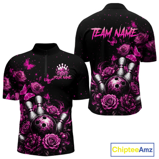 Custom pink rose butterfly bowling jersey for men, personalized team bowling quarter zip shirt front view and back view