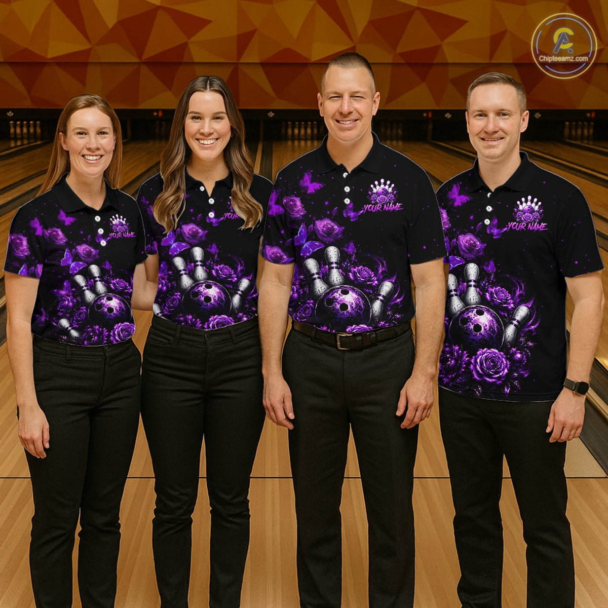 Group of bowlers in purple rose butterfly team shirts, personalized bowling uniforms front view.