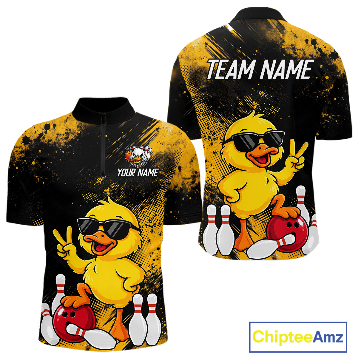 Custom short-sleeve athletic jersey shown from the front and back, featuring a cartoon yellow duck wearing black sunglasses with bowling pins and a red bowling ball, on a black and yellow splatter background. The front has a quarter-zip collar and placeholder text 'YOUR NAME', while the back has 'TEAM NAME' in white.