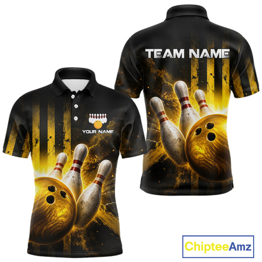 Bowling-themed polo shirt with customizable text on a white background