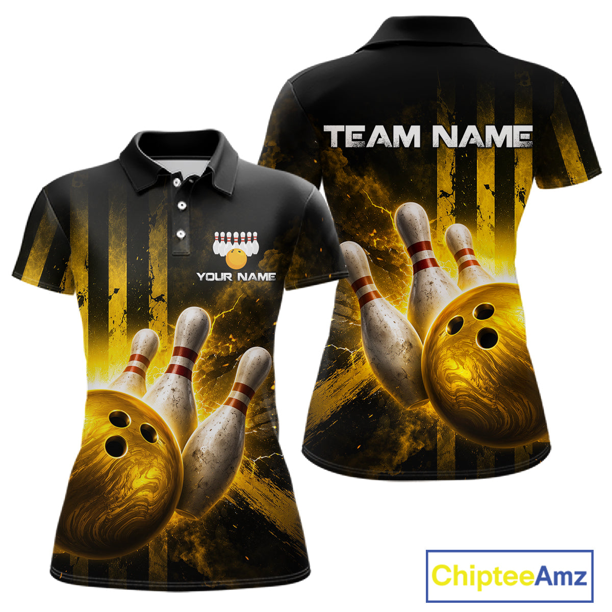 Bowling-themed polo shirt with 'Team Name' and 'Your Name' text on a black and yellow background, featuring bowling pins and a ball.