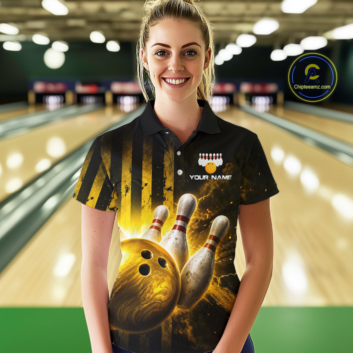 Woman wearing a custom bowling shirt with a bowling ball and pins design in a bowling alley.