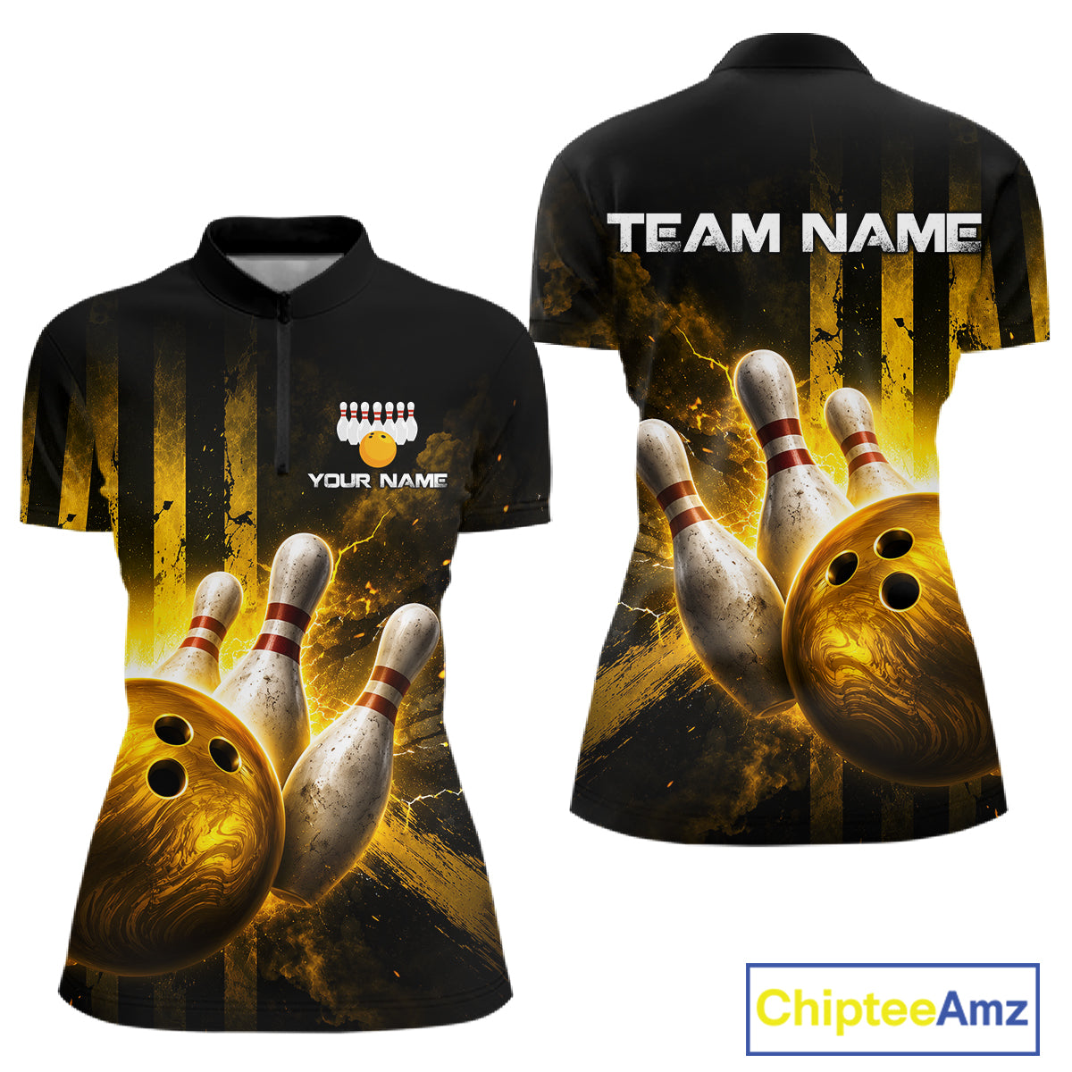 Bowling-themed shirt with customizable text on a black background