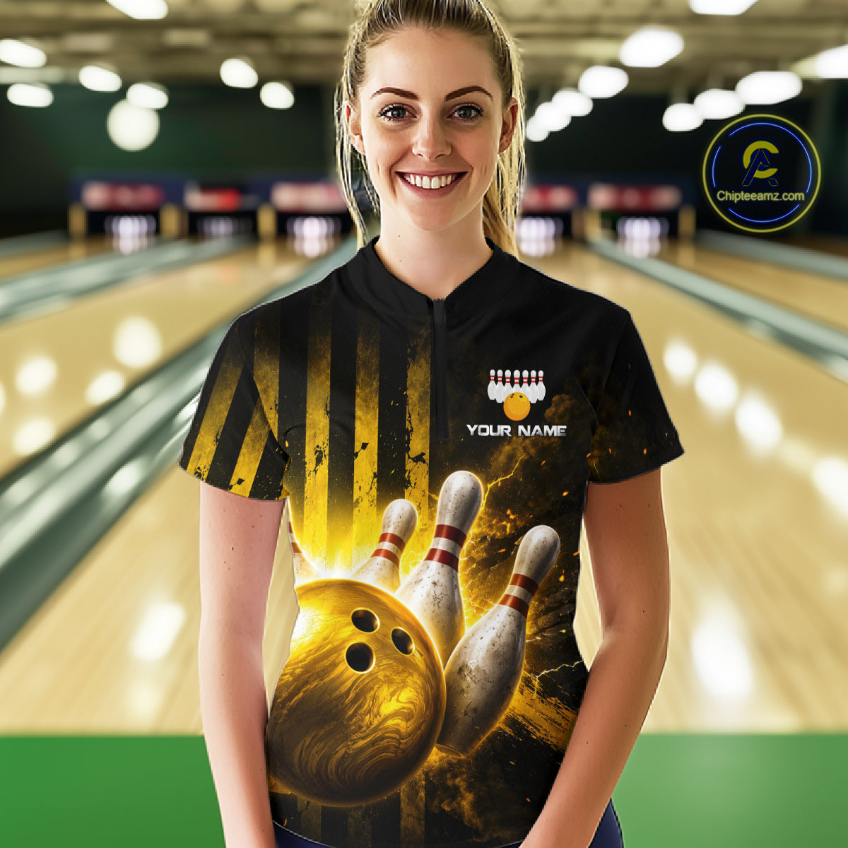 Person wearing a bowling-themed shirt with a bowling alley in the background