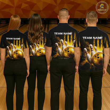 Four people wearing bowling team shirts with a design of a bowling ball and pins on a bowling alley background.