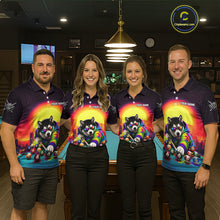 Load image into Gallery viewer, Four people wearing colorful polo shirts with a dog design in a bar setting.
