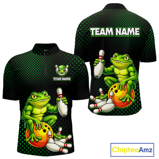 Custom Funny Frog Bowling Jersey for Men Bowling Team Shirts Bowling League Polo & 1/4 Zip HNT246