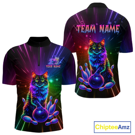 Custom Funny Cat Neon Colorful Bowling Jersey for Men Bowling Uniform Bowling Team Shirts HNT281
