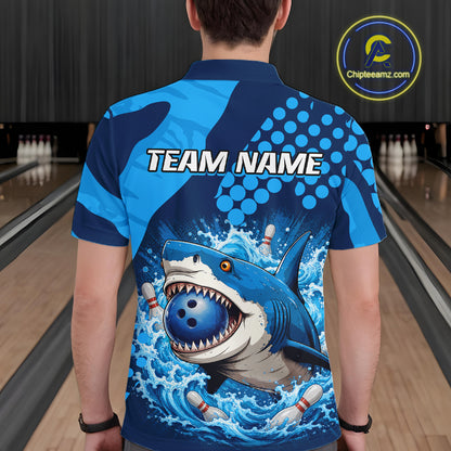 Person wearing a blue and gray shark-themed bowling shirt with 'TEAM NAME' text on a bowling alley background.