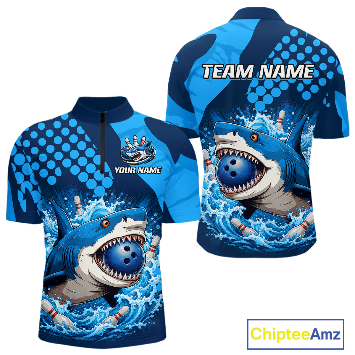 Shirt with shark design and customizable text on a white background