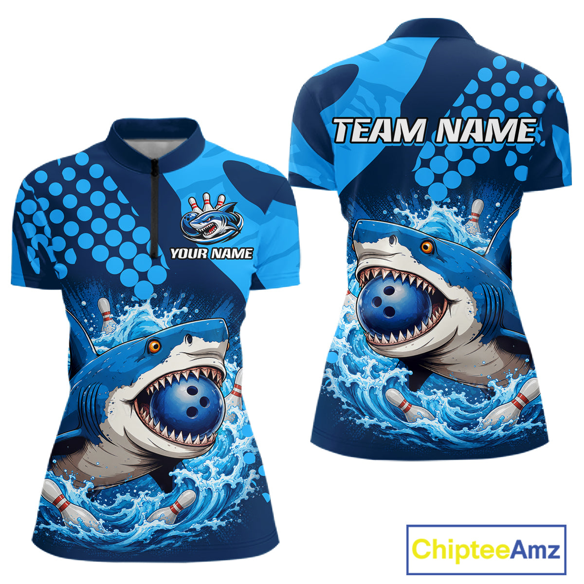 Blue and white sports jersey with shark design and customizable text on a white background