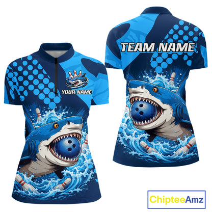 Blue and white sports jersey with shark design and customizable text on a white background