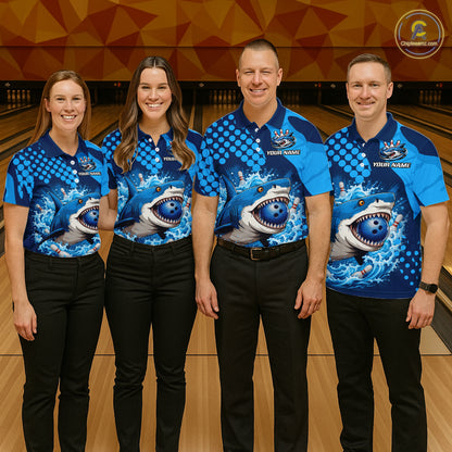 Four people wearing blue bowling shirts with a shark design on a bowling alley.