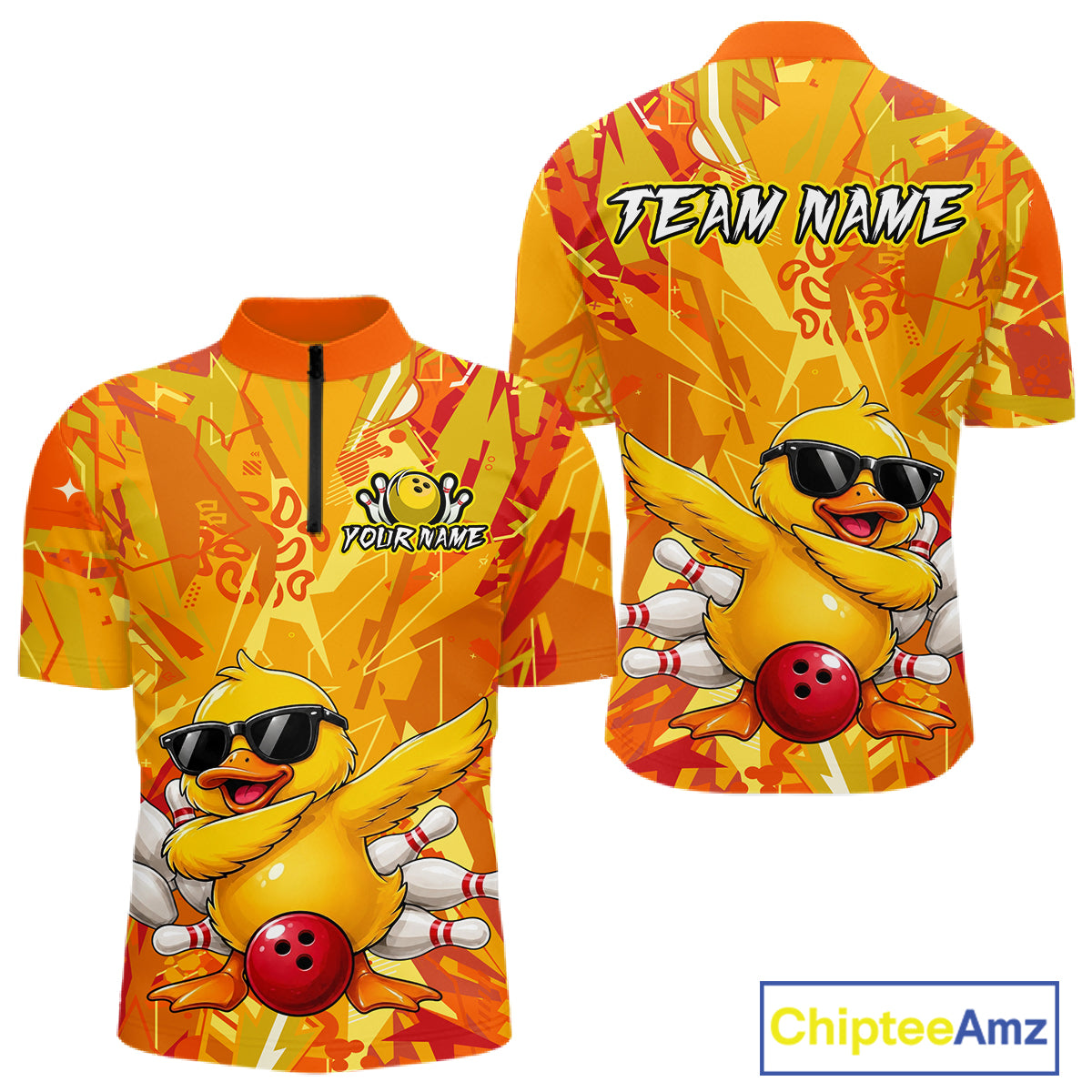 Colorful shirt with a duck design and 'Team Name' text on a white background