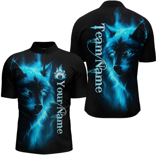 Custom Blue Flame Wolf Bowling Jersey for Men Polo & 1/4 Zip Bowling Team Shirts HNT148