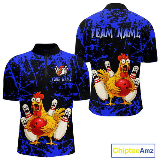 Custom Blue Funny Chicken Bowling Jersey for Men Bowling Uniform Bowling Team Shirts HNT282