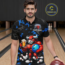 Load image into Gallery viewer, Men’s blue beer bull bowling polo shirt, front view on male model in bowling lane 