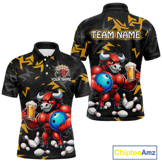 Custom yellow beer bull bowling jersey for men, personalized team bowling polo shirt front view and back view