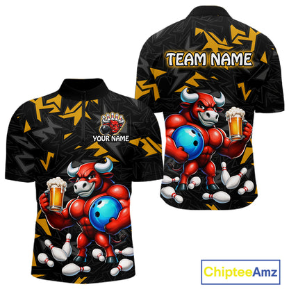 Custom yellow beer bull bowling jersey for men, personalized team bowling quarter zip shirt front view and back view