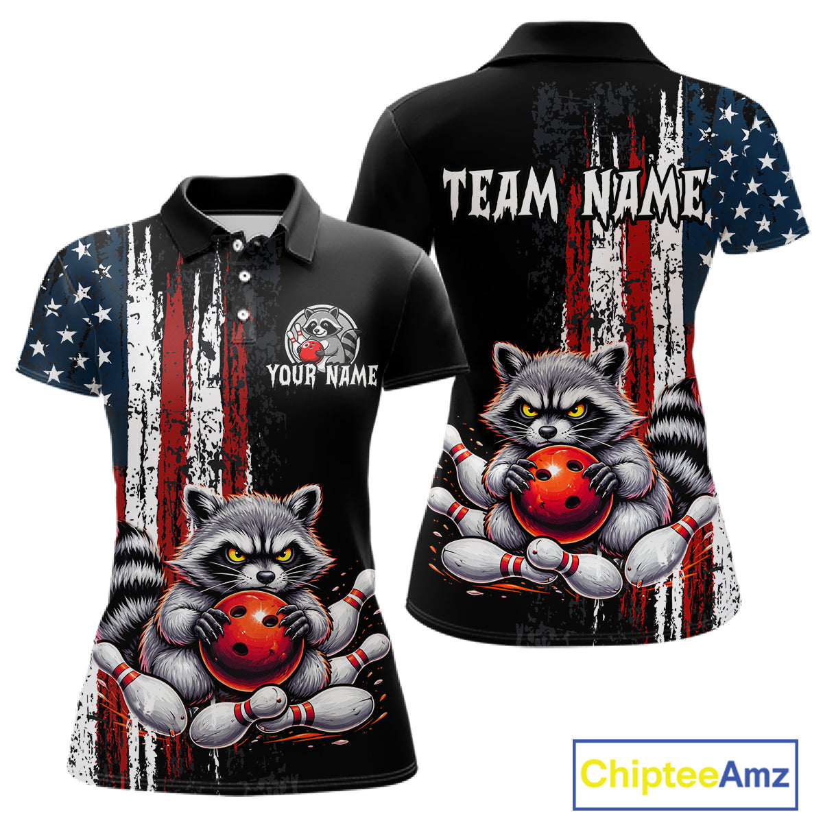 Custom us flag raccoon bowling jersey for women, personalized team bowling polo shirt front view and back view