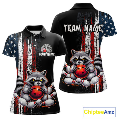 Custom us flag raccoon bowling jersey for women, personalized team bowling polo shirt front view and back view