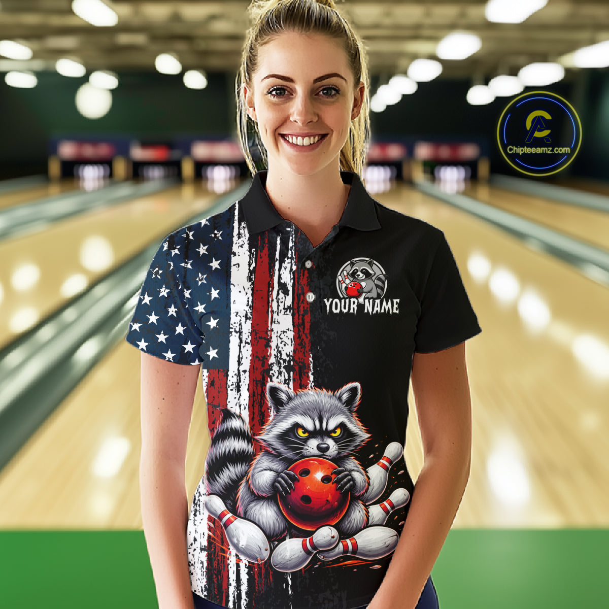Women’s us flag raccoon bowling polo shirt, front view on female model in bowling lane 