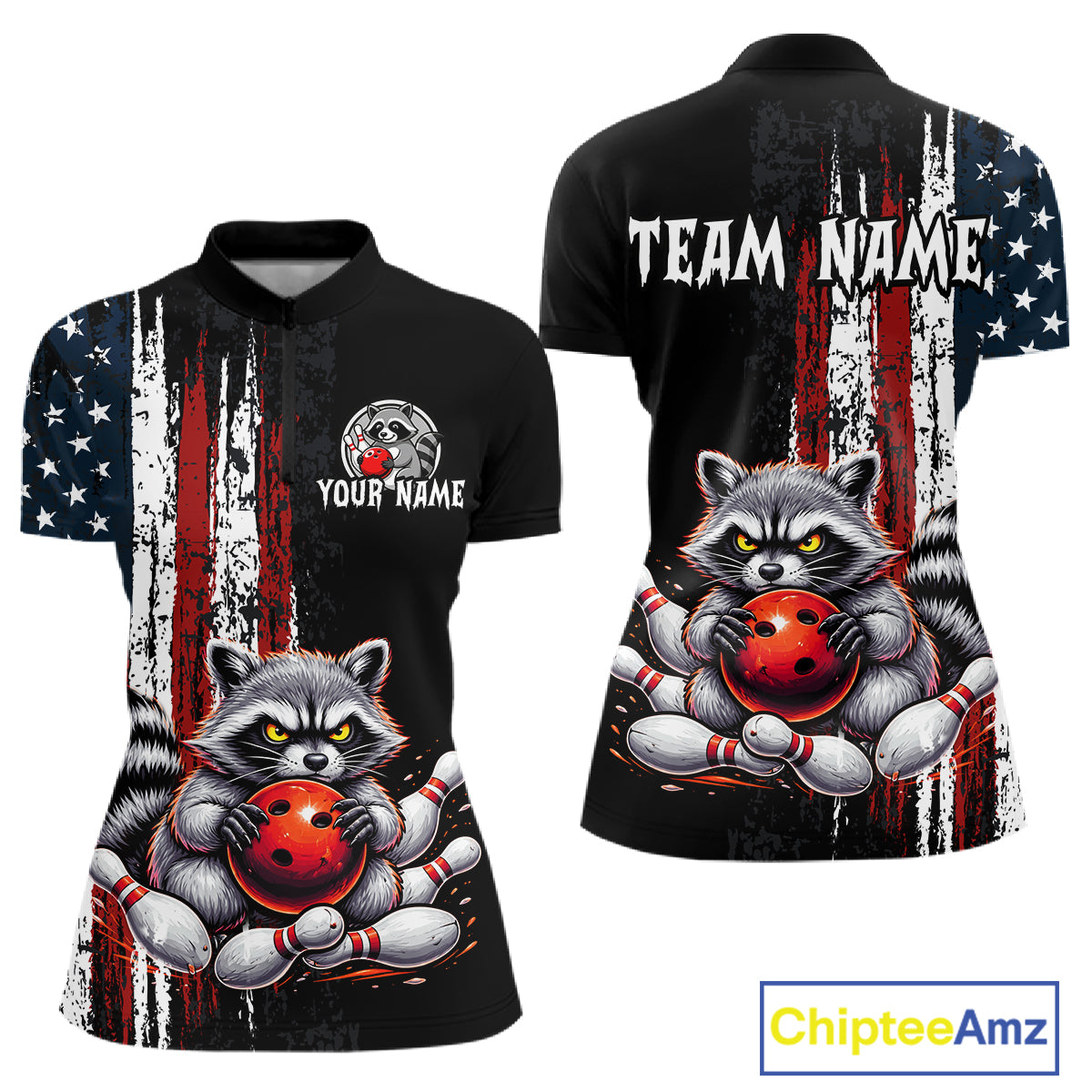 Custom us flag raccoon bowling jersey for women, personalized team bowling quarter zip shirt front view and back view