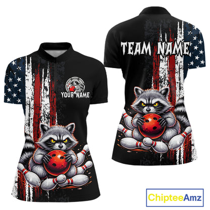 Custom us flag raccoon bowling jersey for women, personalized team bowling quarter zip shirt front view and back view