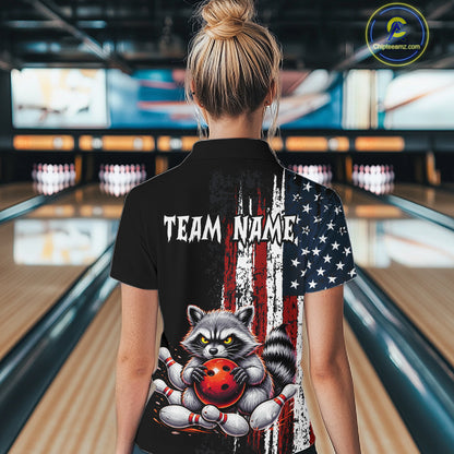 Women’s us flag raccoon bowling polo shirt, back view on female model in bowling lane 