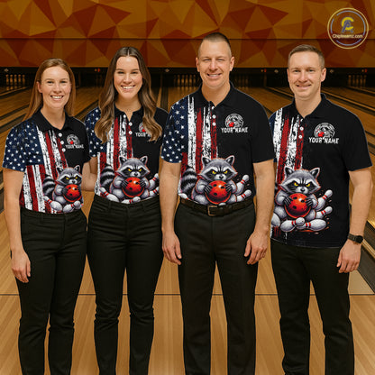 Group of bowlers in us flag raccoon team shirts, personalized bowling uniforms front view.