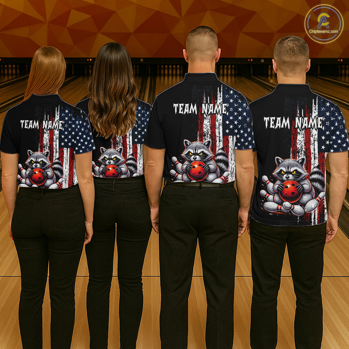 Group of bowlers in us flag raccoon team shirts, personalized bowling uniforms back view.