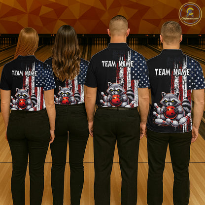 Group of bowlers in us flag raccoon team shirts, personalized bowling uniforms back view.