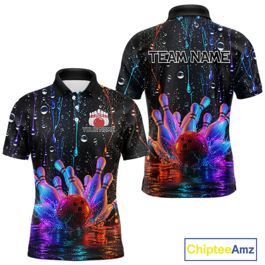 Bowling-themed polo shirt with colorful design and customizable text on a black background