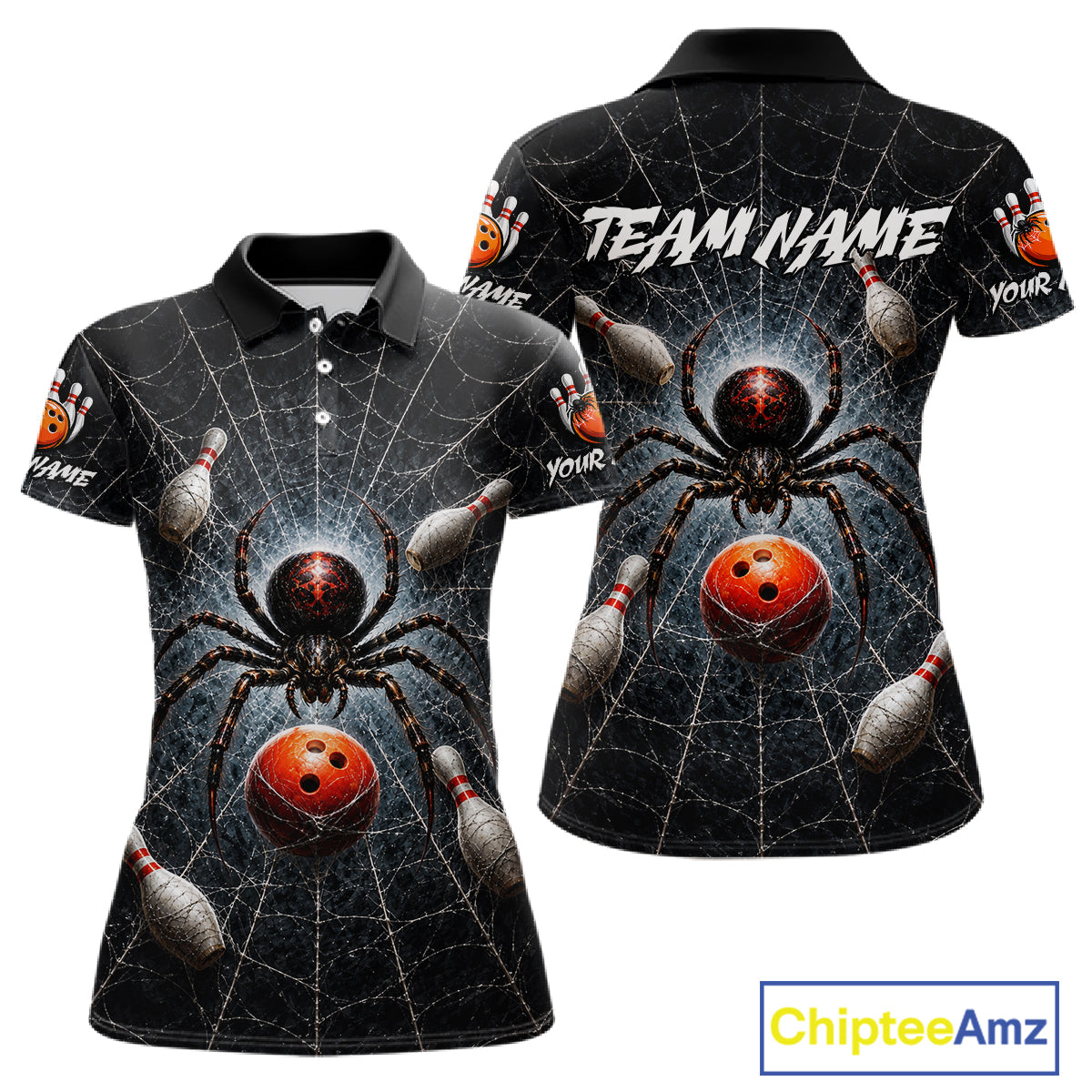 A black short-sleeve polo shirt with a Halloween-themed bowling design, shown in front and back views. The design features a large spider, bowling balls, bowling pins, and web patterns, with customizable text 'TEAM NAME' on the back and a 'ChipteeAmz' watermark in the bottom right corner.
