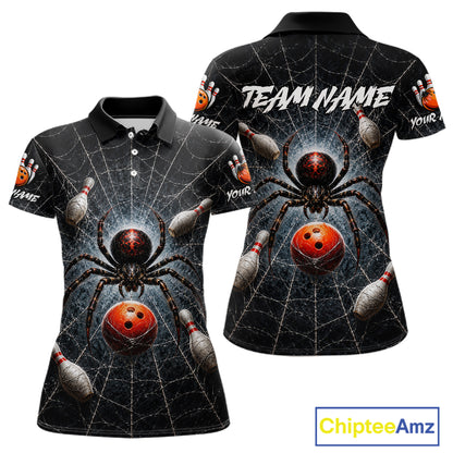 A black short-sleeve polo shirt with a Halloween-themed bowling design, shown in front and back views. The design features a large spider, bowling balls, bowling pins, and web patterns, with customizable text 'TEAM NAME' on the back and a 'ChipteeAmz' watermark in the bottom right corner.
