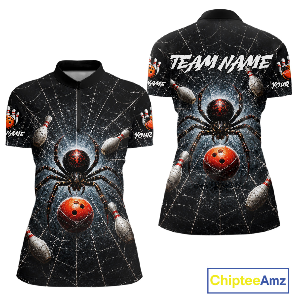 A short-sleeve polo shirt shown from the front and back, featuring a black base with a large spider on a web, bowling pins, and red bowling balls, plus customizable text placeholders. The shirt is displayed on a white background with a ChipteeAmz logo in the bottom right corner.