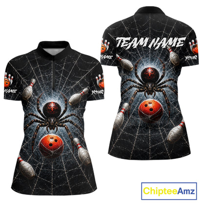 A short-sleeve polo shirt shown from the front and back, featuring a black base with a large spider on a web, bowling pins, and red bowling balls, plus customizable text placeholders. The shirt is displayed on a white background with a ChipteeAmz logo in the bottom right corner.