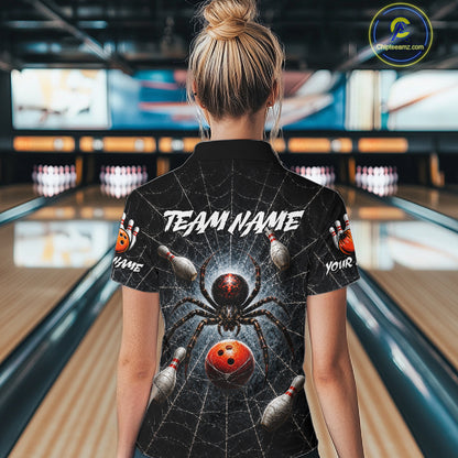 Person wearing a black shirt with a gold cobra design and 'TEAM NAME' text in a bowling alley.