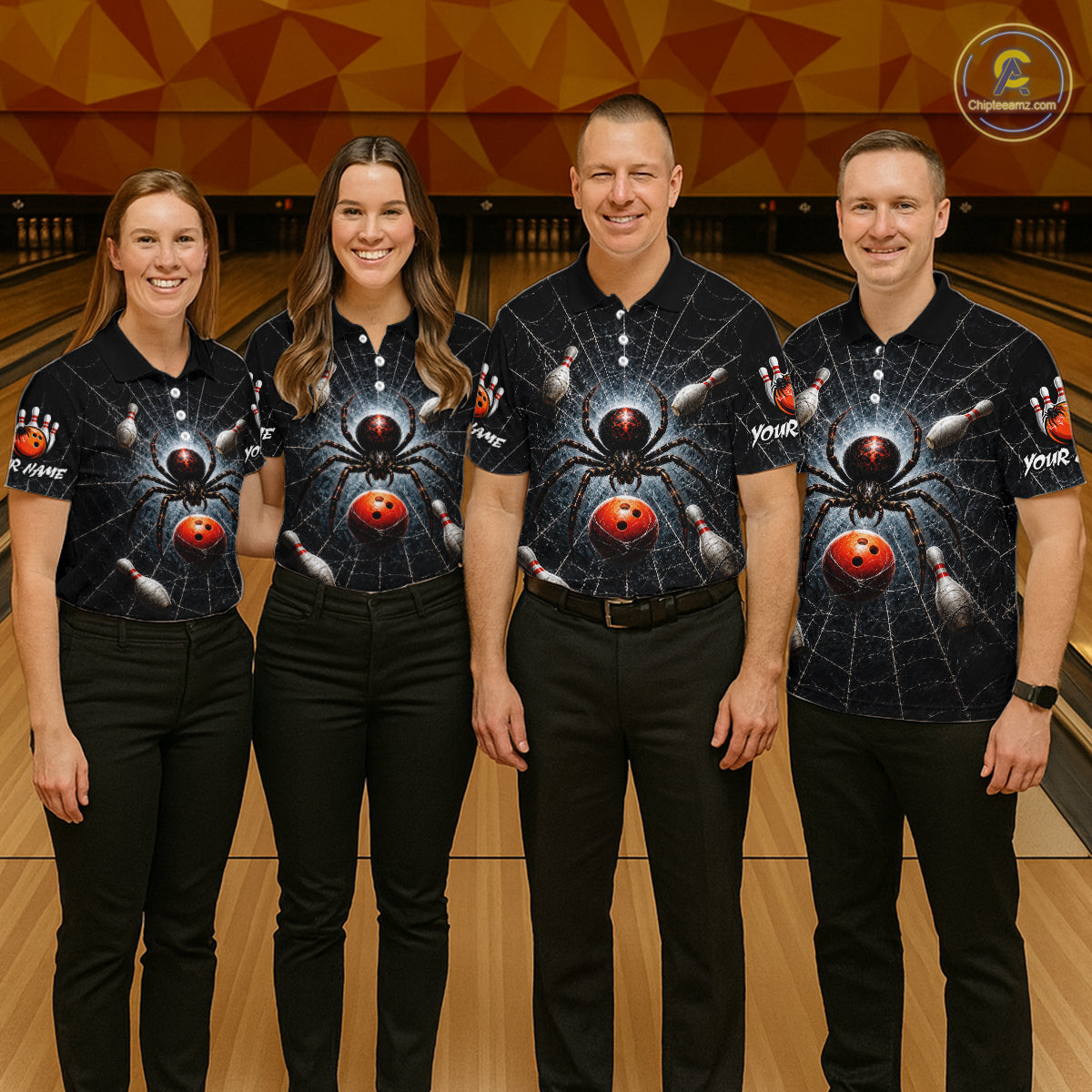 Four people standing together in a bowling alley wearing matching black short-sleeve bowling shirts with a large spider and red bowling ball graphic, paired with black pants.