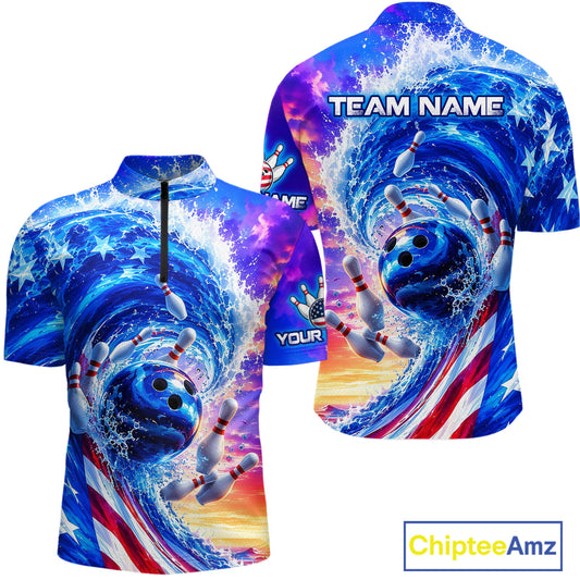 Custom American Wave Patriotic Bowling Jersey for Men Unisex Bowling Team Shirts Polo & 1/4 Zip HNT343