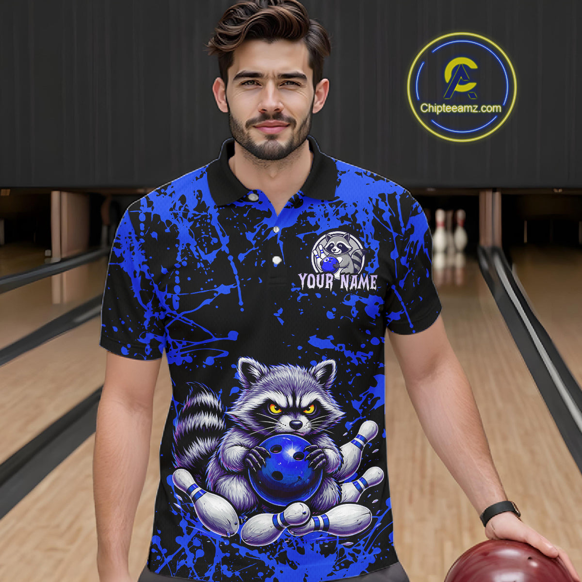 Custom Blue Raccoon Bowling Jersey for Men Bowling Uniform Polo & 1/4 Zip Bowling Team Shirts HNT224