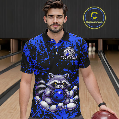 Custom Blue Raccoon Bowling Jersey for Men Bowling Uniform Polo & 1/4 Zip Bowling Team Shirts HNT224
