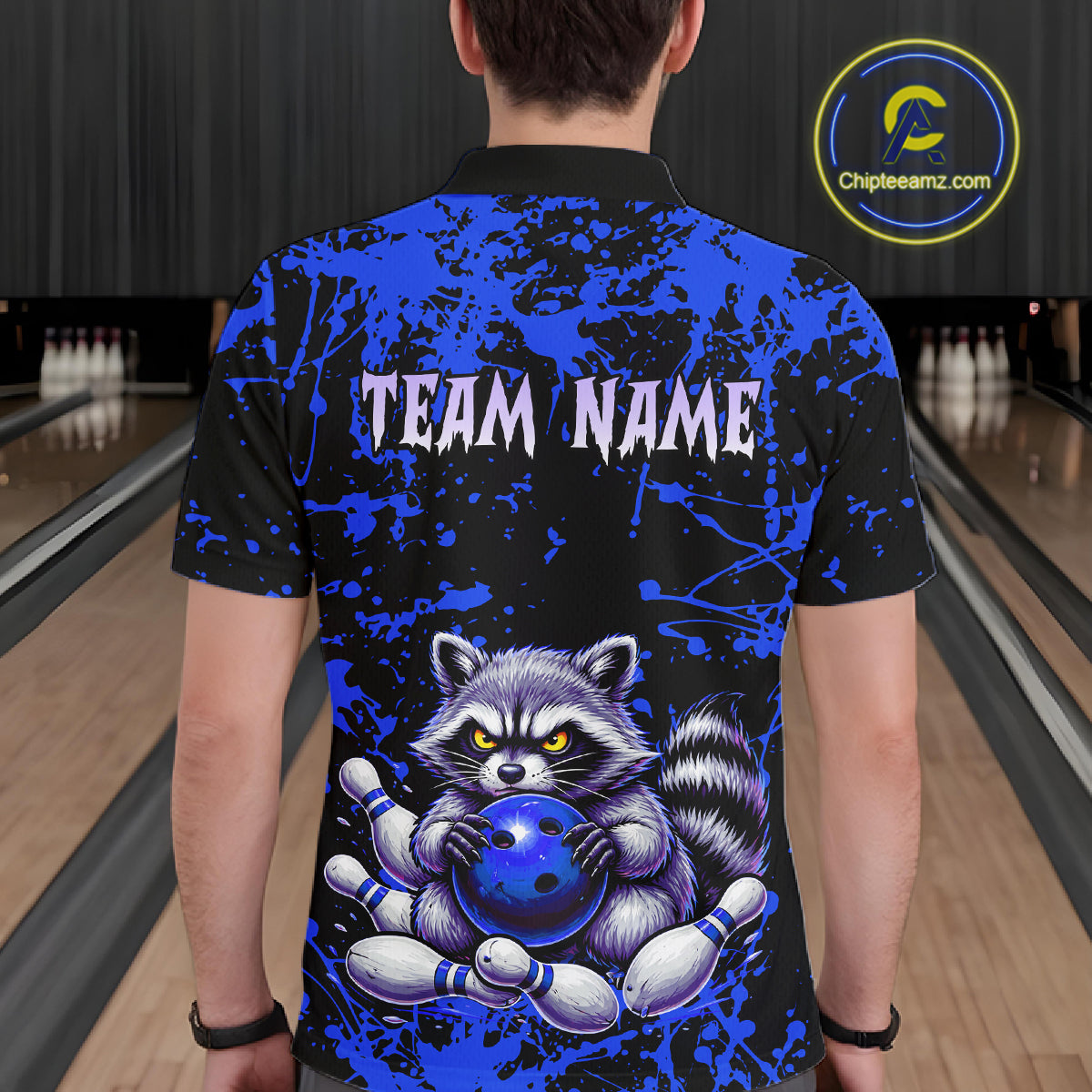 Custom Blue Raccoon Bowling Jersey for Men Bowling Uniform Polo & 1/4 Zip Bowling Team Shirts HNT224
