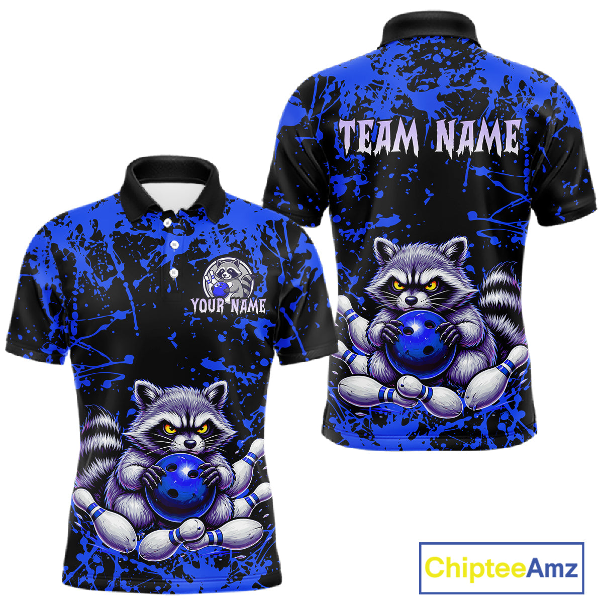 Custom Blue Raccoon Bowling Jersey for Men Bowling Uniform Polo & 1/4 Zip Bowling Team Shirts HNT224