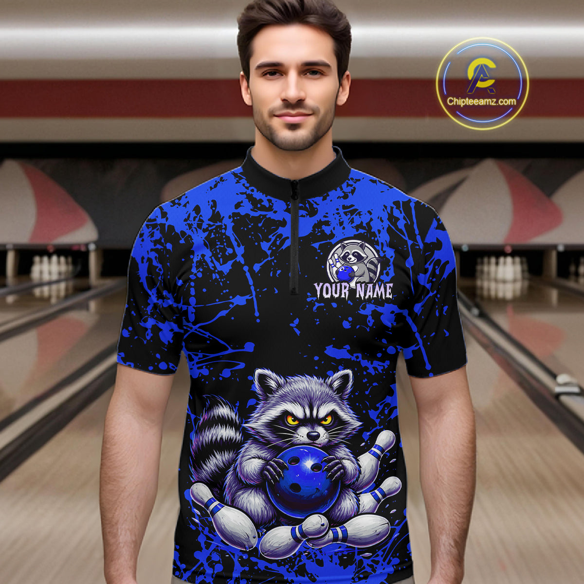Custom Blue Raccoon Bowling Jersey for Men Bowling Uniform Polo & 1/4 Zip Bowling Team Shirts HNT224