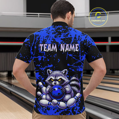 Custom Blue Raccoon Bowling Jersey for Men Bowling Uniform Polo & 1/4 Zip Bowling Team Shirts HNT224