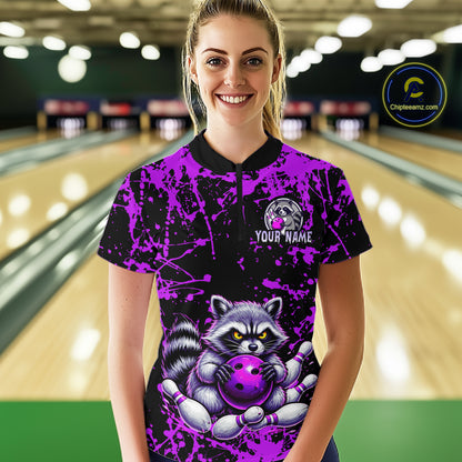Custom Purple Raccoon Bowling Jersey for Women Bowling Uniform Polo & 1/4 Zip Bowling Team Shirts HNT224