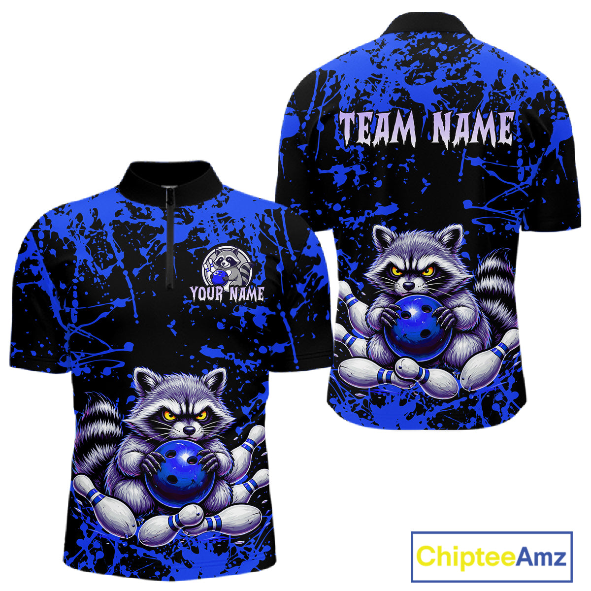 Custom Blue Raccoon Bowling Jersey for Men Bowling Uniform Polo & 1/4 Zip Bowling Team Shirts HNT224